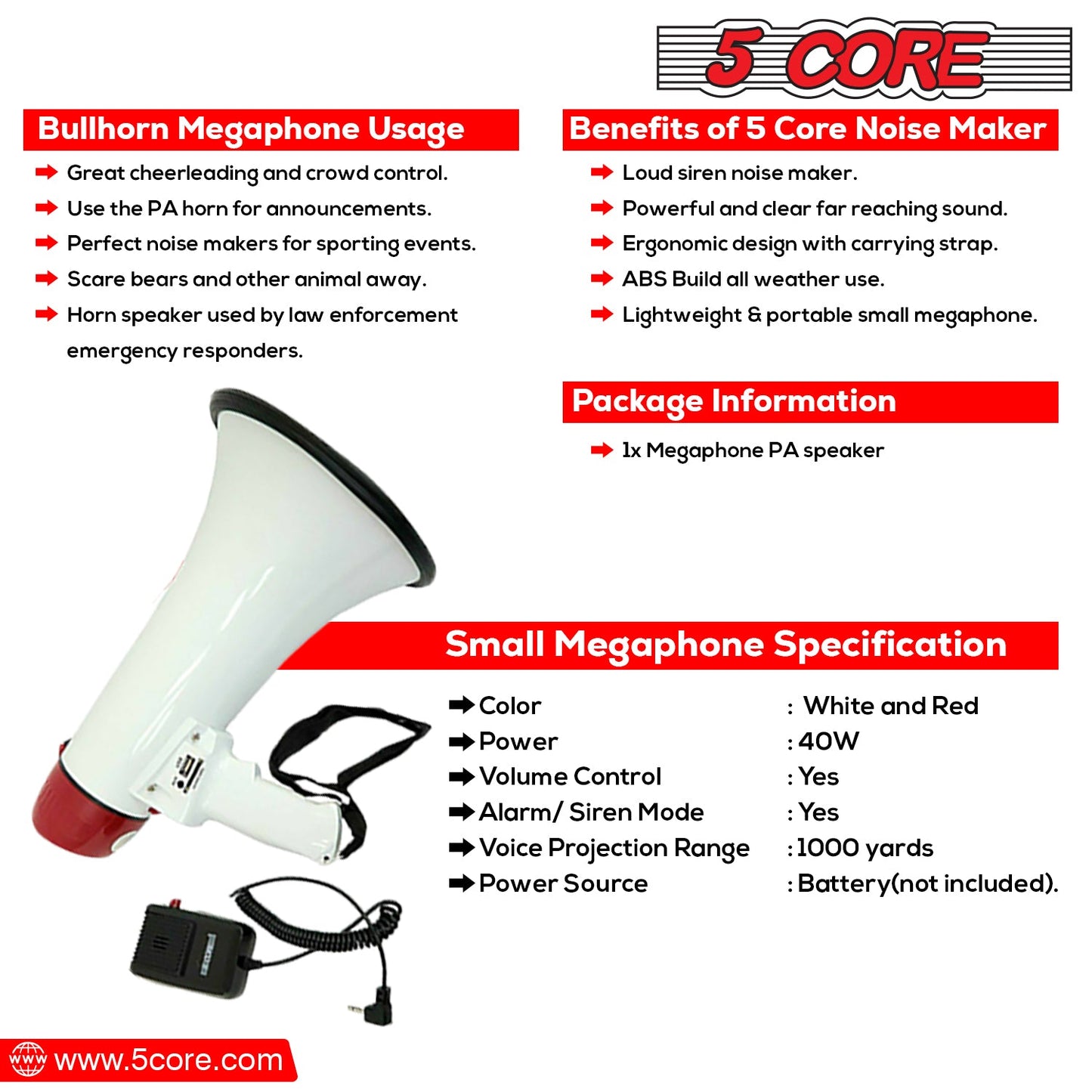 5Core Megaphone Bullhorn Speaker 40W Bull Horn Rechargeable Cheer