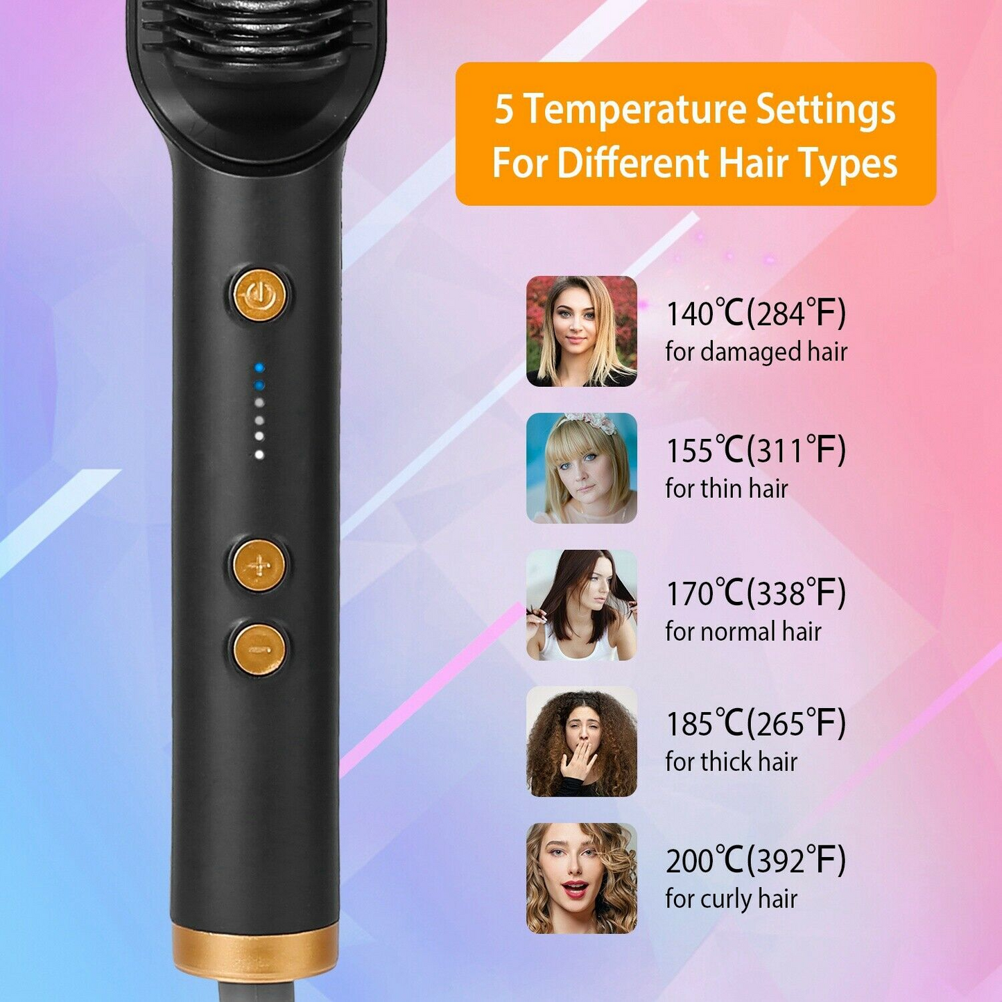 2-in-1 Electric Hair Straightener Brush Hot Comb Adjustment Heat