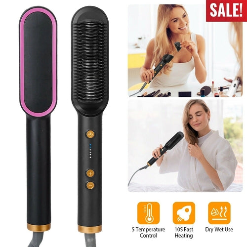 2-in-1 Electric Hair Straightener Brush Hot Comb Adjustment Heat